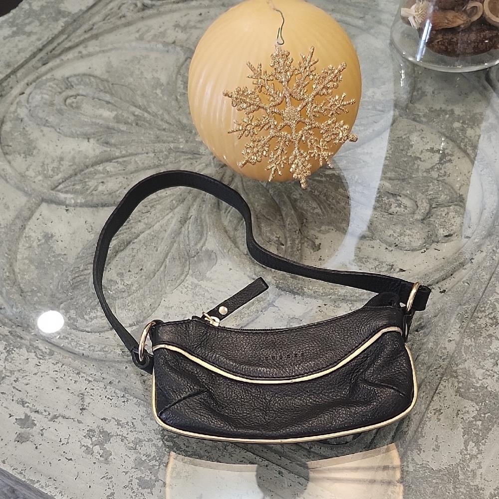 Elegant Black And Gold Leather Shoulder Bag Wallet Wristlet Made In Italy